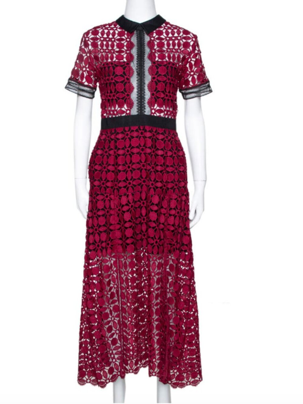 Self-Portrait Burgundy Guipure Lace Midi Dress – Size US 8 / UK 12 - Picture 10 of 12